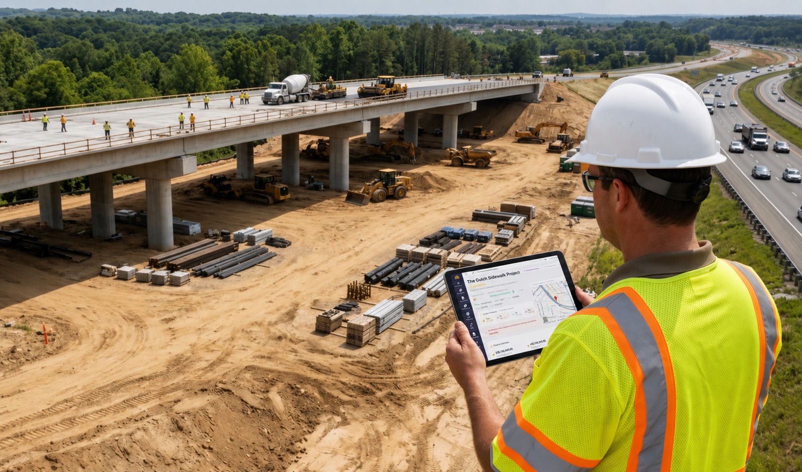 Bridge construction site with an on-site inspector reviewing the Oversite dashboard on a tablet