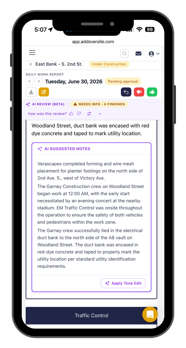 Oversite AI review suggesting notes on a daily work report