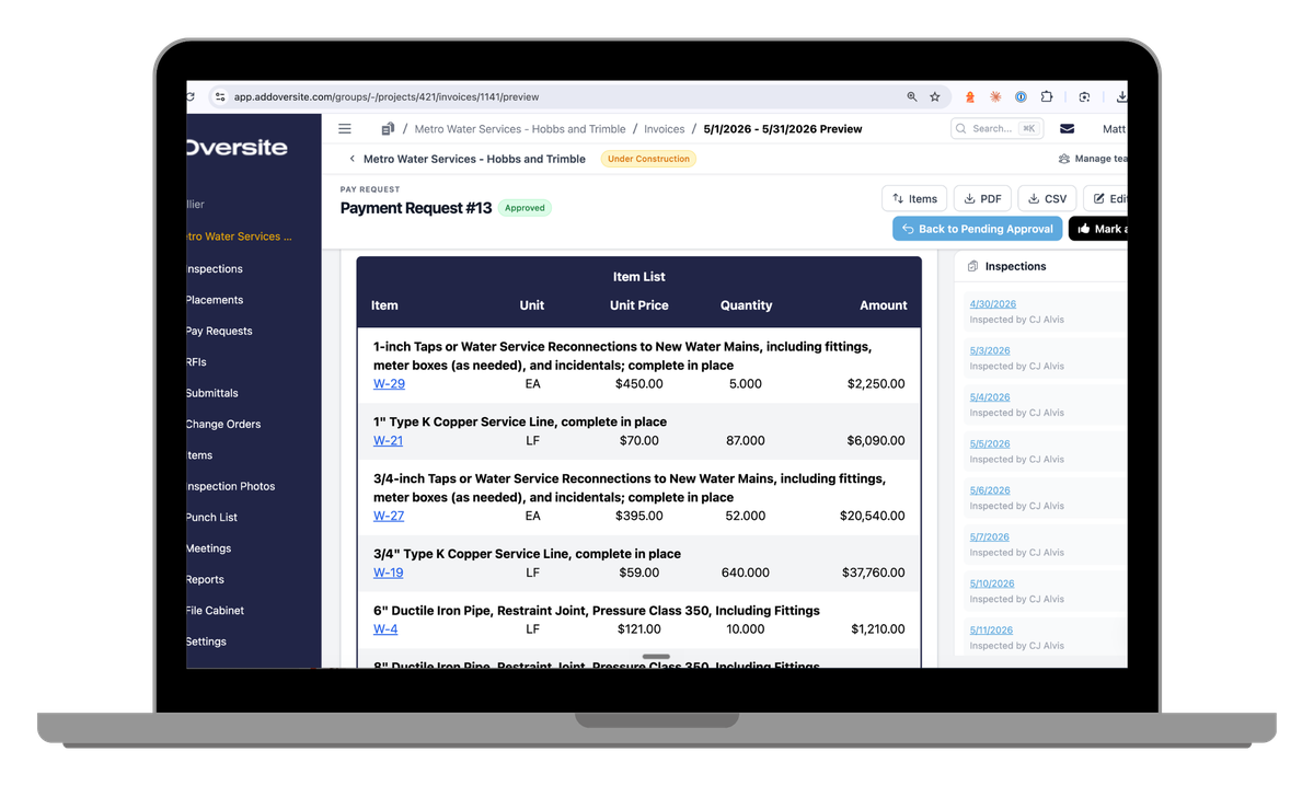 Oversite pay request with itemized pay items shown on a laptop
